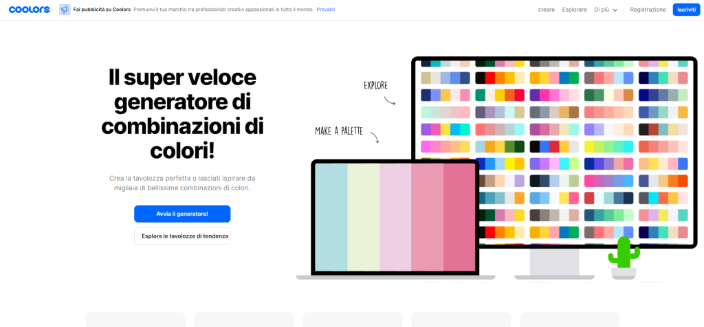 Home page Coolors.co per creare palette per Instagram
